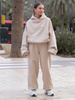 Oversizowy KOMPLET z drapanego bawełnianego dresu szeroka bluza z kapturem kangurka i spodnie szerokie baggy beżowy E644 + E643