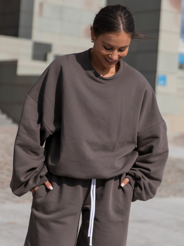 Dresowa bawełniana BLUZA oversize szeroka dark mokka X402