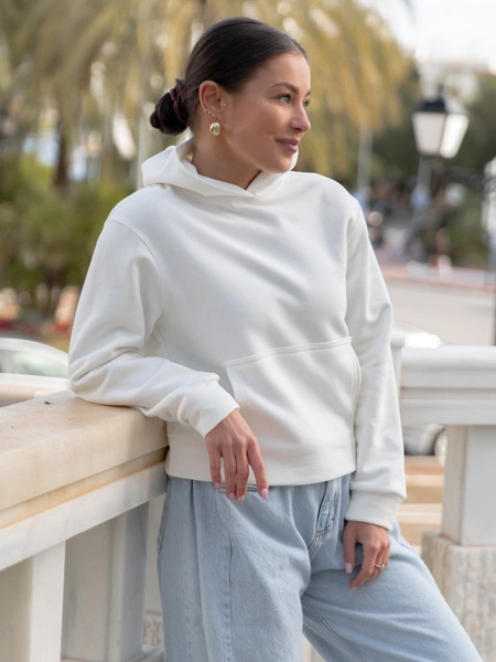 Dresowa bawełniana BLUZA z kapturem regular fit ecru X554