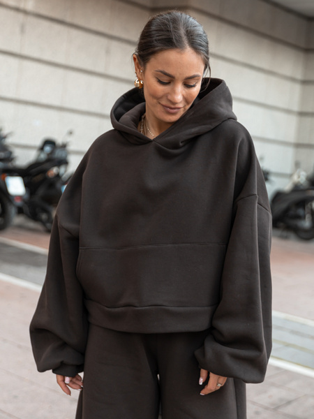 Oversizowa bawełniana BLUZA kangurka z kapturem z prostym ściągaczem z dresu drapanego dark chocolate X511