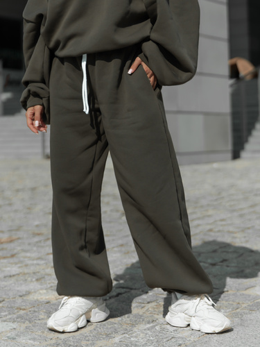 Dresowe bawełniane SPODNIE baggy niski stan dark khaki X403