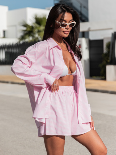 Bawełniany KOMPLET oversizowa koszula z długim rękawem i krótkie spodenki w paski różowa X135