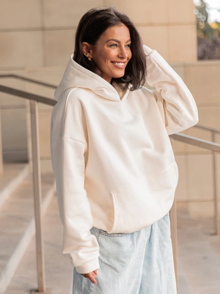 Dresowa bawełniana BLUZA z kapturem kangurka o klasycznym kroju ecru X350