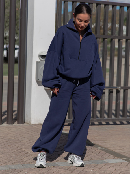 Oversizowa bawełniana BLUZA z dresu drapanego na stójce z zamkiem navy blue X477