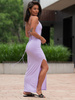 Elegancka SUKIENKA długość maxi na cienkich ramiączkach sznurowane plecy liliowa E276 k01