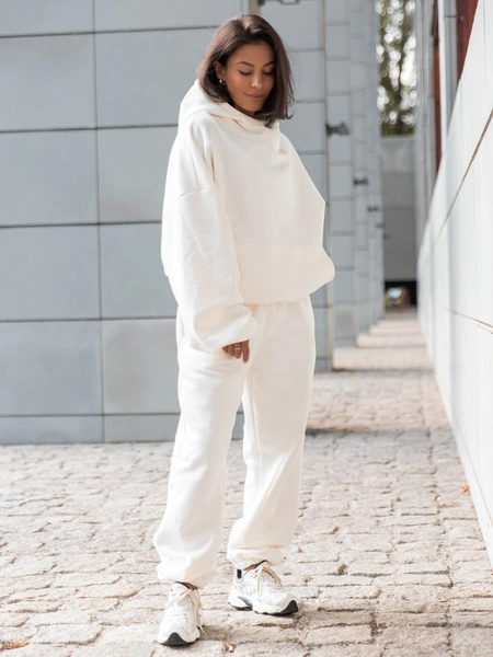 Viralowa Bawełniana BLUZA z drapanego dresu z kapturem na stójce z kieszeniami kangurka ecru E1