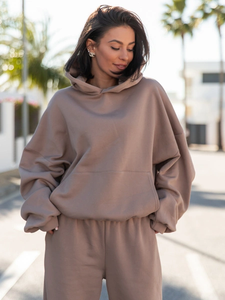 Viralowa Dresowa bawełniana BLUZA z kapturem oversize szeroka mokka E644