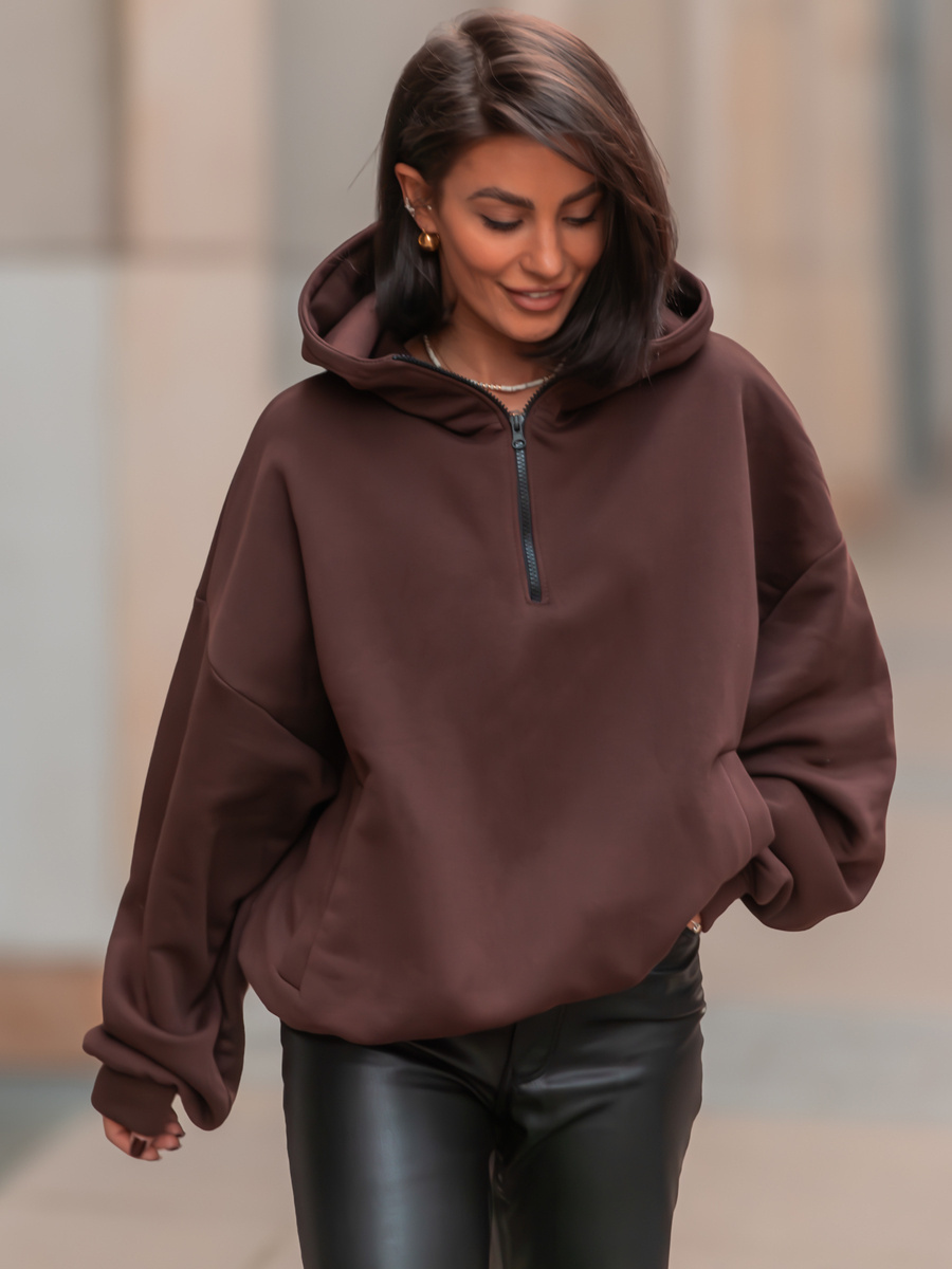 Bawełniana dresowa BLUZA oversize z kapturem na stójce z zamkiem brązowa E536 k01