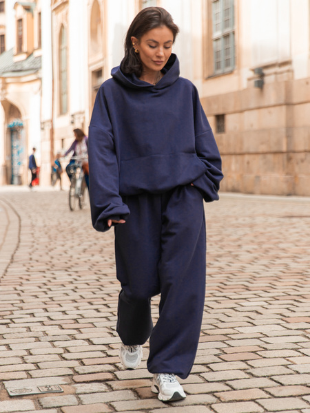 Luźne SPODNIE baggy z bawełnianej dresówki niedrapanej od wewnątrz navy blue X151