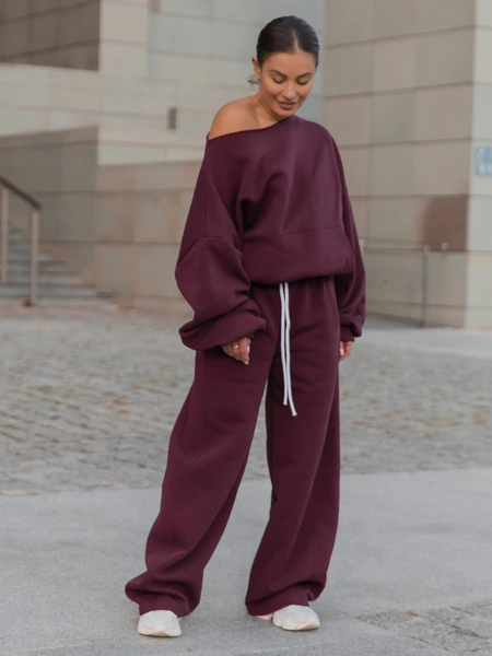 Dresowa bawełniana BLUZA opuszczana na ramiona oversize szeroka deep plum / śliwkowy X400