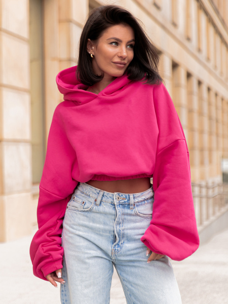 Dresowa bawełniana BLUZA kangurka z kapturem o krótszym kroju bluzowana różowa X304