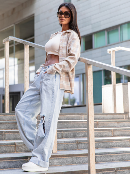 Oversizowa KOSZULA w kratę beżową wzór 5 X363