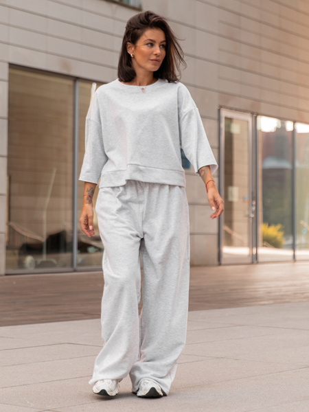 Dresowy bawełniany KOMPLET oversizowa bluzka i luźne spodnie z szerokimi nogawkami szary melanż X353