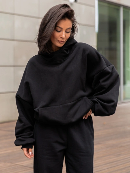 Viralowa Bawełniana BLUZA z drapanego dresu z kapturem na stójce z kieszeniami kangurka czarny E1