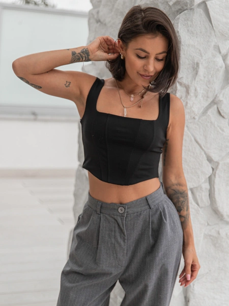 Dopasowany krótki gorset BLUZKA z przeszyciami czarna X213 k01