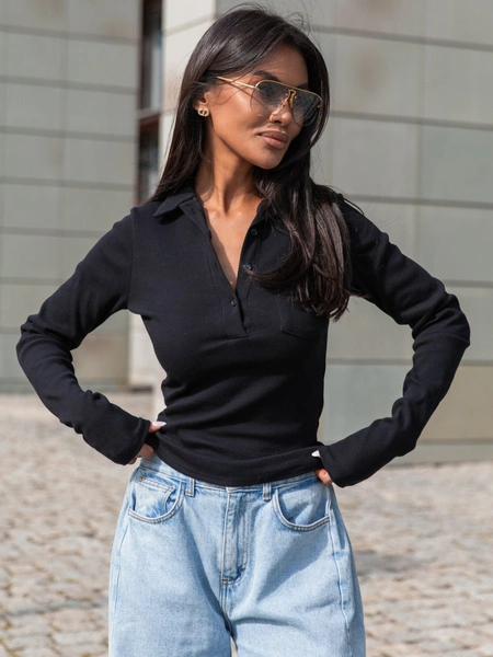 Basic Bawełniana BLUZKA z prążkowanej dzianiny z kołnierzykiem czarna X405