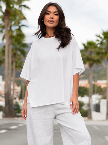 Bawełniany luźny szeroki T-SHIRT z krótkim rękawem biała X30