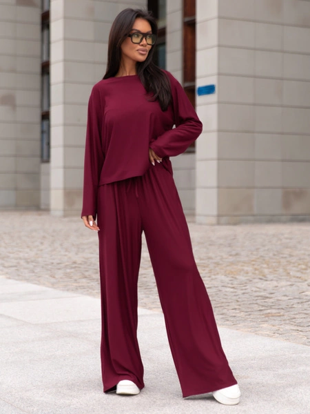 Szerokie SPODNIE z wiskozy ze średnim stanem z gumką w pasie bordowe X418