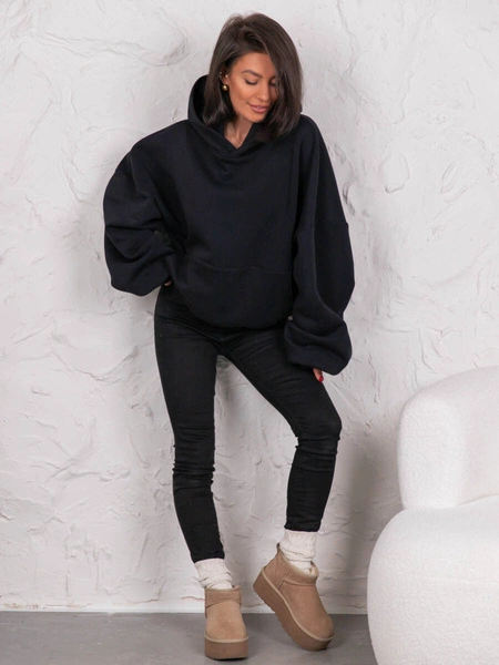 Dresowa bawełniana BLUZA z kapturem oversize szeroka czarna E644