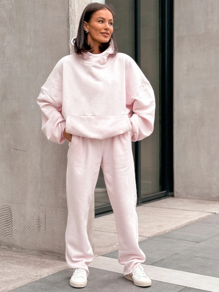 Dresowe bawełniane SPODNIE z wysokim stanem luźny krój baby pink E359 k01