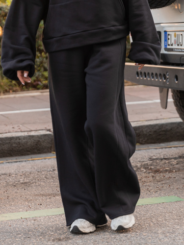 Bawełniane dresowe SPODNIE szeroki krój bez ściągaczy z dresu drapanego czarne X512