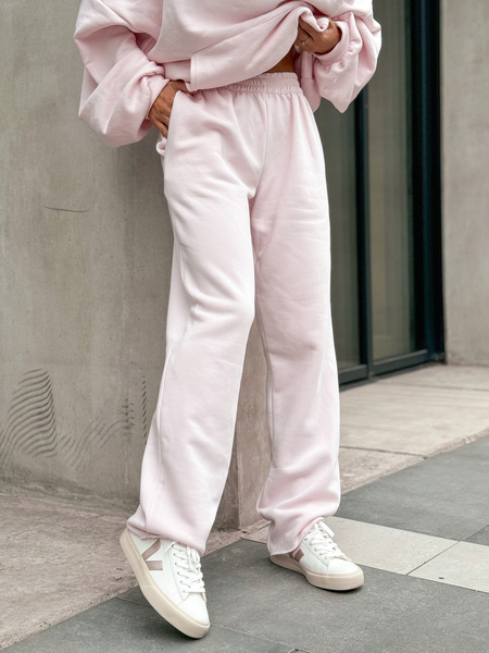 Dresowe bawełniane SPODNIE z wysokim stanem luźny krój baby pink E359 k01
