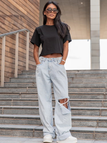 Bawełniany T-SHIRT bluzka z krótkim rękawem z poduszkami na ramionach czarny E429