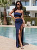Dopasowany KOMPLET top opaska i maxi spódnica z wycięciem na nogę granatowy X132 k01