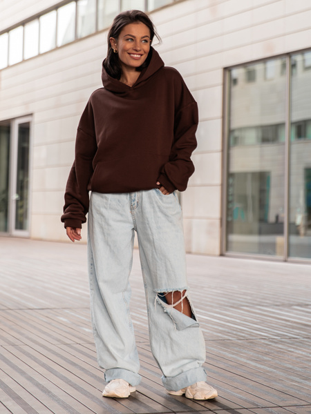 Dresowa bawełniana BLUZA z kapturem kangurka o klasycznym kroju brązowa X350