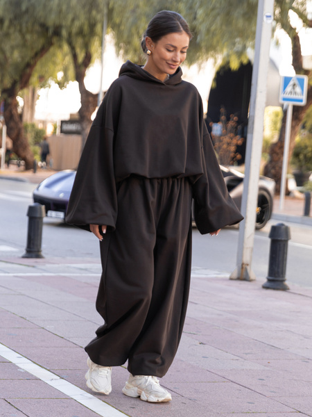 Bawełniane dresowe SPODNIE oversize baggy ze ściągaczami z dresówki pętelkowej dark chocolate X516