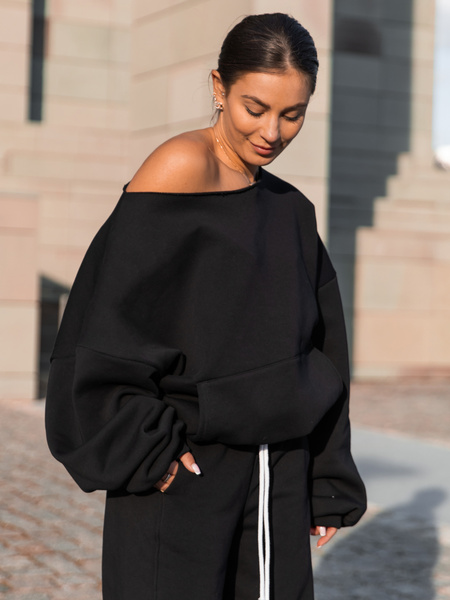 Dresowa bawełniana BLUZA opuszczana na ramiona oversize szeroka czarna X400