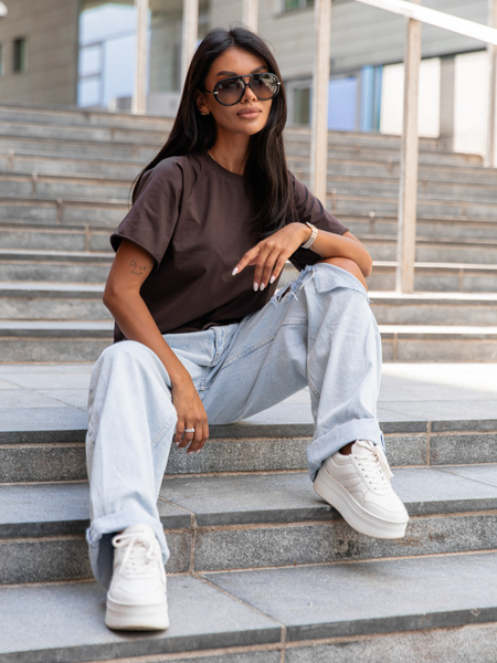 Bawełniany T-SHIRT bluzka z krótkim reglanowym rękawem czekoladowy X354