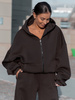 Oversizowa BLUZA z kapturem zapinana na zamek bluzowana kangurka z bawełnianej dresówki dark chocolate X1