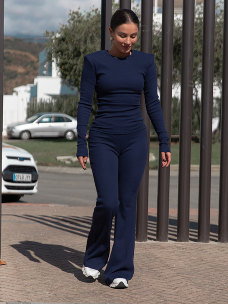 Bawełniana basicowa BLUZKA z dzianiny prążkowanej z poduszkami na ramionach navy blue X465