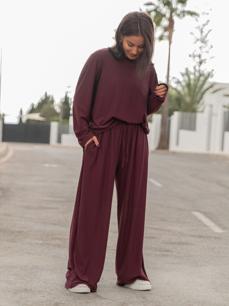 Luźny codzienny KOMPLET z wiscozy oversizowy t-shirt i luźne spodnie śliwkowy X475