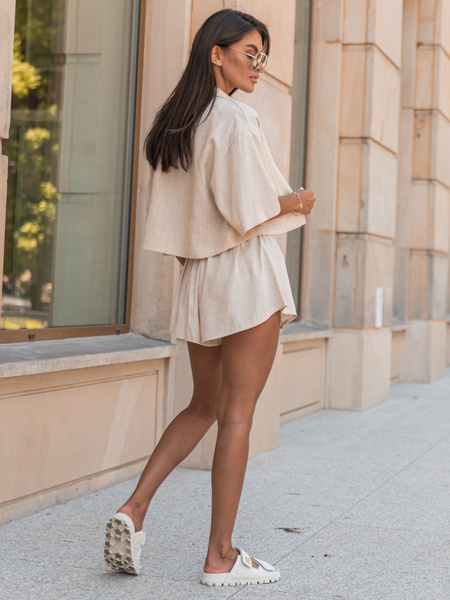 Lniana oversizowa krótka KOSZULA z krótkim rękawem beżowa X254 k01