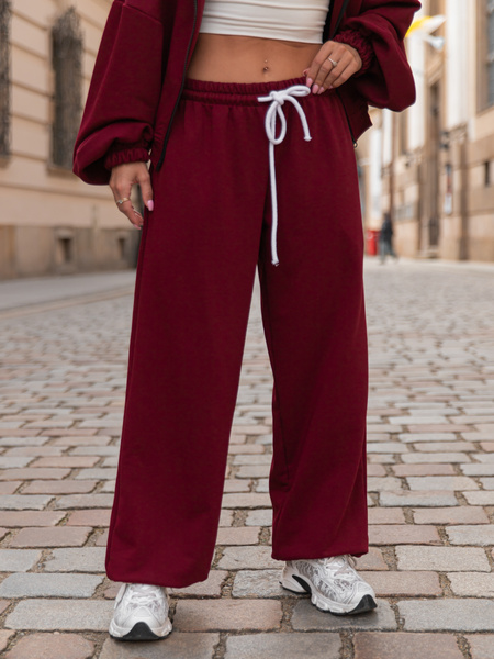 Luźne SPODNIE baggy ze sznurkiem z bawełnianej dresówki niedrapanej od wewnątrz bordowe X217
