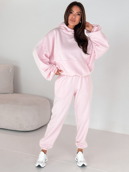 Dresowe bawełniane SPODNIE z wysokim stanem luźny krój ze ściągaczami baby pink E341