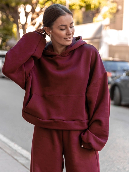 Oversizowa bawełniana BLUZA kangurka z kapturem z prostym ściągaczem z dresu drapanego bordowa X511