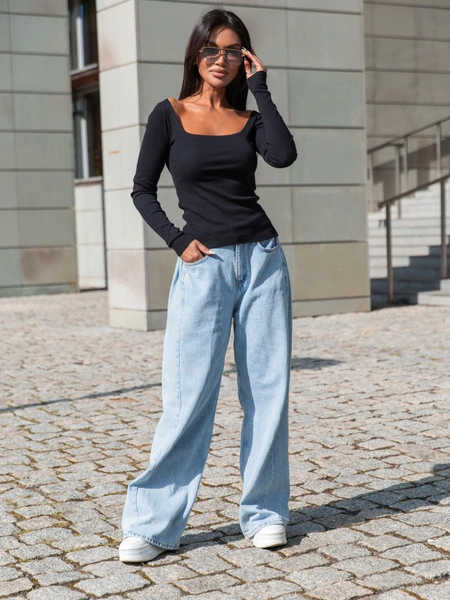 Basic Bawełniana BLUZKA z prążkowanej dzianiny z kwadratowym dekoltem czarna X406