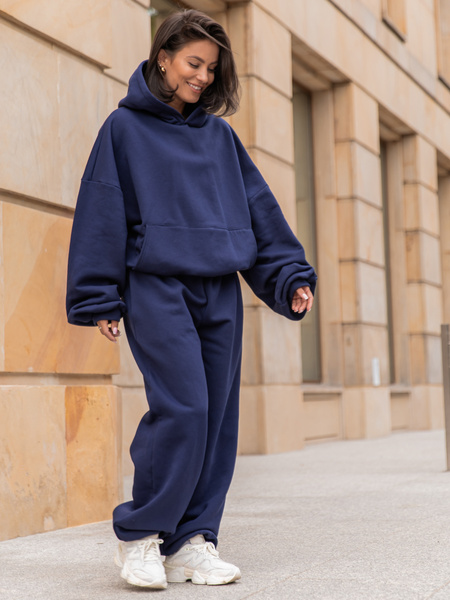 Viralowa Dresowa bawełniana BLUZA z kapturem oversize szeroka navy blue E644