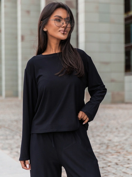 Wiscozowy luźny szeroki T-SHIRT z długim rękawem czarny X415