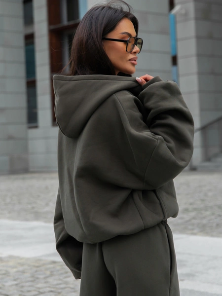 Oversizowa BLUZA z kapturem zapinana na zamek bluzowana kangurka z bawełnianej dresówki dark khaki X1