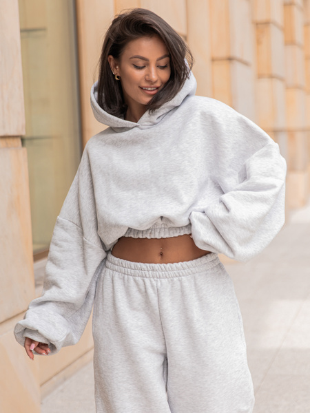 Dresowa bawełniana BLUZA kangurka z kapturem o krótszym kroju bluzowana szary melanż X304