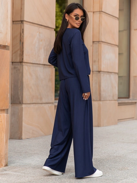 Codzienny komfortowy KOMPLET z wiscozy luźna bluzka z długim rękawem i szerokie spodnie navy blue X318