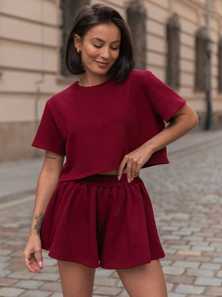 Dresowy bawełniany KOMPLET krótki oversizowy t-shirt i krótkie spodenki bordowy X133