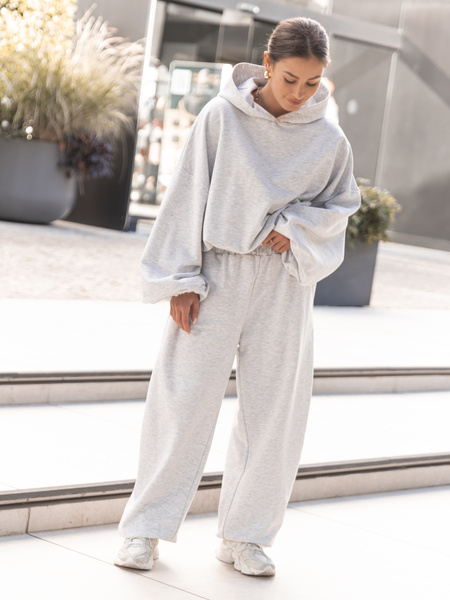 Bawełniane dresowe SPODNIE oversize baggy ze ściągaczami z dresówki pętelkowej szary melanż X516