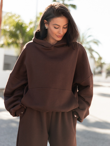 Viralowa Dresowa bawełniana BLUZA z kapturem oversize szeroka brązowa E644