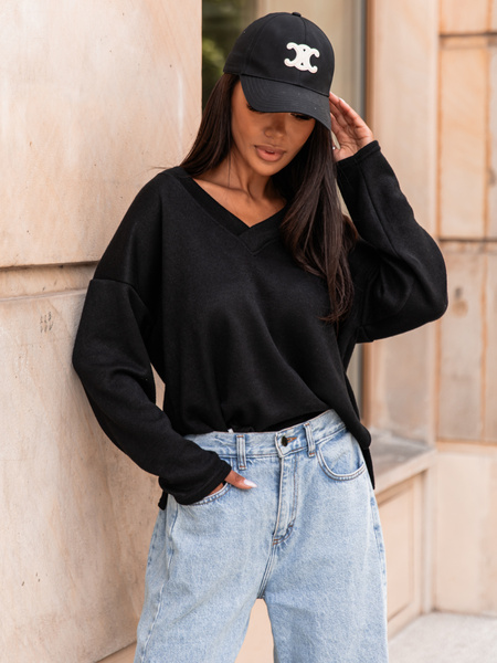 Luźny codzienny SWETER o klasycznym splocie z dekoltem w serek czarny X301