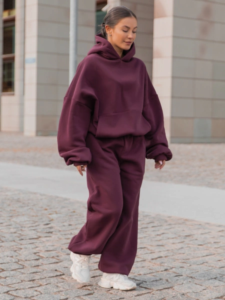Viralowa Dresowa bawełniana BLUZA z kapturem oversize szeroka deep plum / śliwkowa E644